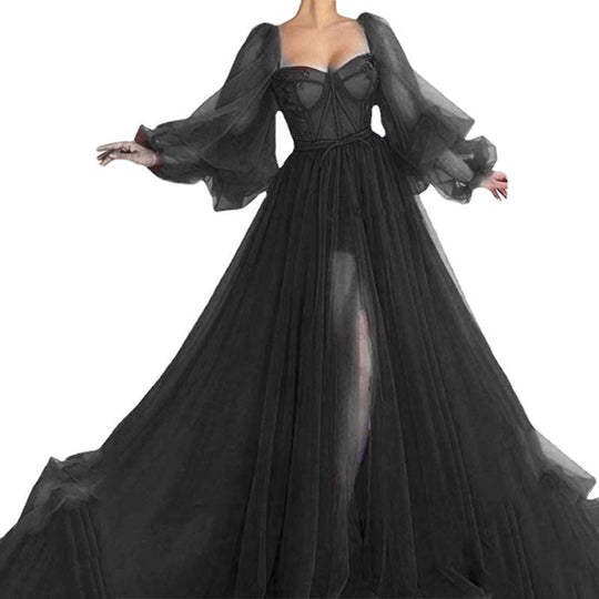 Damen Tüll Abendkleid mit voluminösen Ärmeln und seitlichem Schlitz