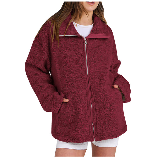 Damen nan oversized Teddyfelljacke mit Stehkragen Reißverschluss und aufgesetzten Taschen Shop Nory