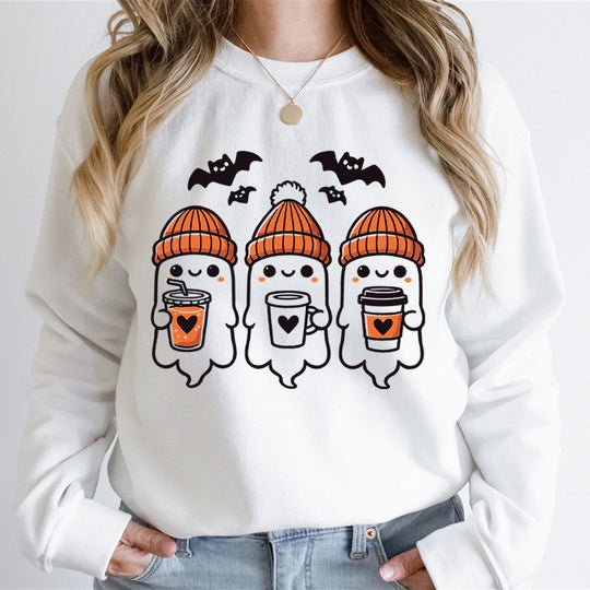 Damen gemütlicher Halloween Grafikpullover mit niedlichen Geist-Motiven, Rundhalsausschnitt und weichem Baumwollmix Shop Nory