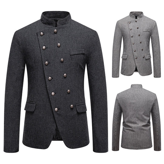 Herren modisches Military-Sakko mit Stehkragen, dekorativer Knopfreihe und feiner Struktur Shop Nory