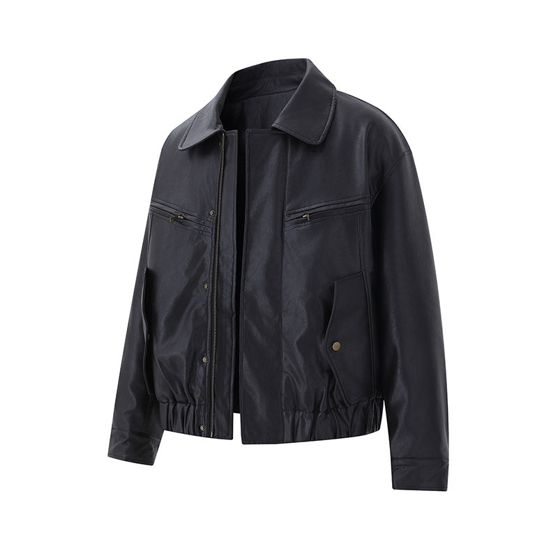Herren Kurzer Boxy-Lederblouson mit Pattentaschen und elastischem Bund Shop Nory