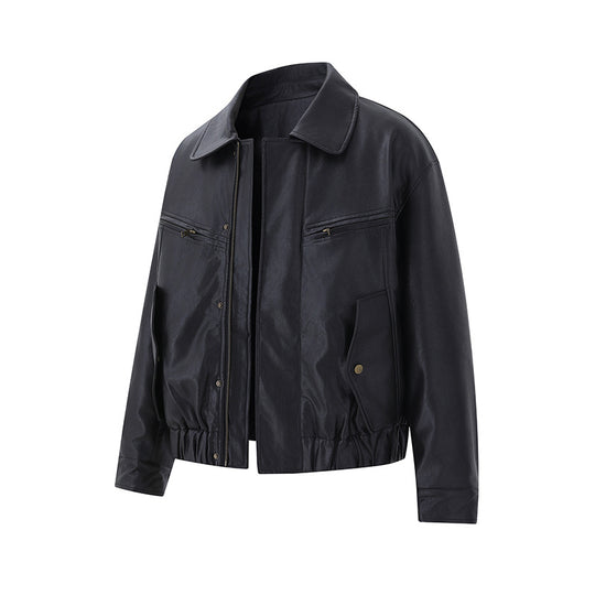 Herren Kurzer Boxy-Lederblouson mit Pattentaschen und elastischem Bund Shop Nory
