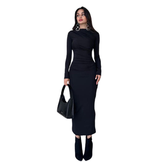 Damen figurbetontes Maxikleid mit hohem Kragen und seitlicher Raffung Shop Nory