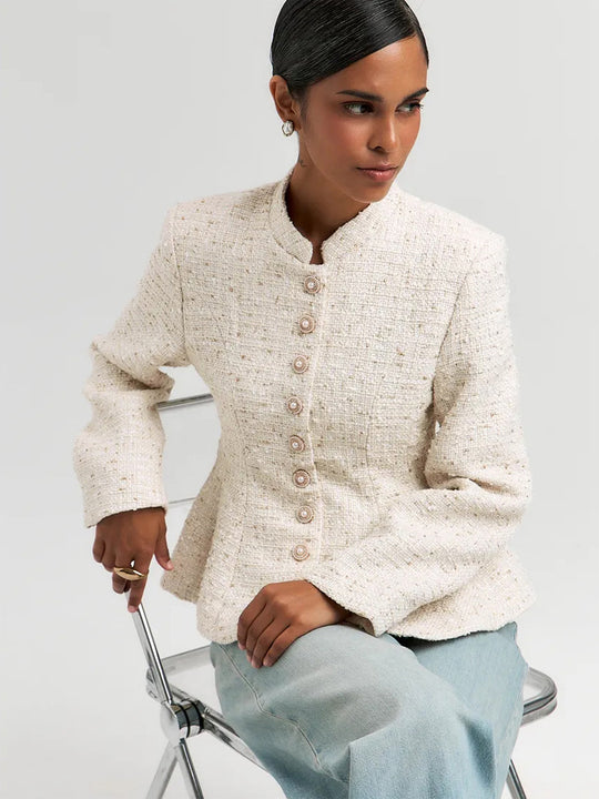 Damen Bouclé-Blazer mit Stehkragen und taillierter Schößchen-Silhouette Shop Nory