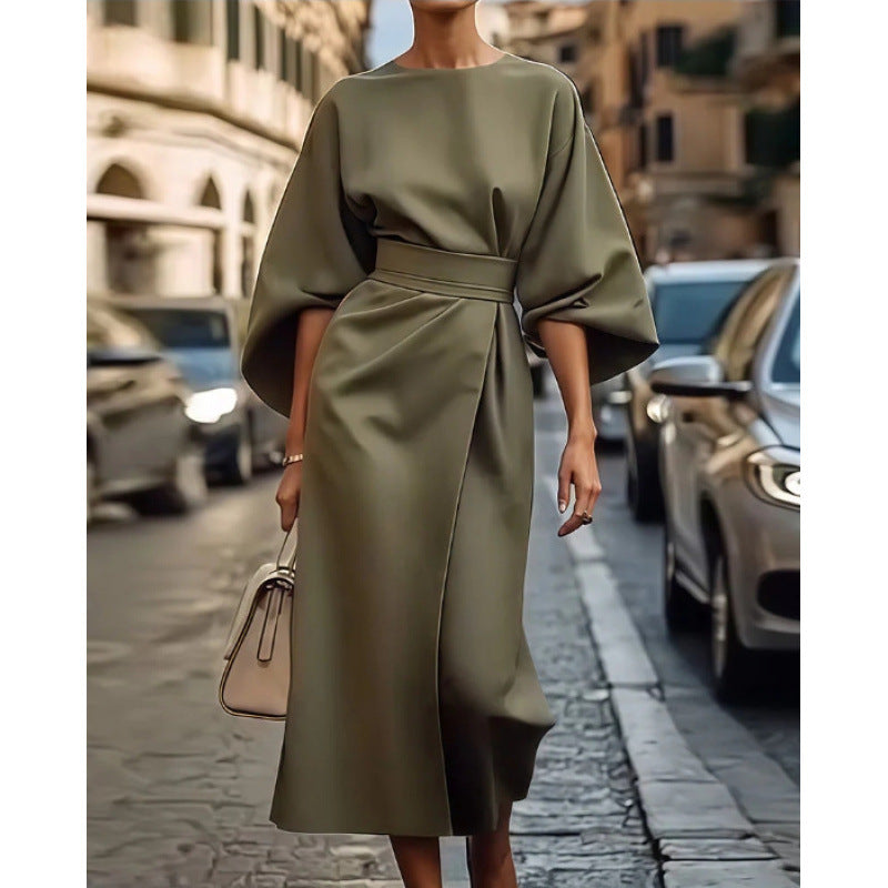 Damen Elegantes Midikleid mit weitem Kimonoärmel und tailliertem Wickelbund Shop Nory