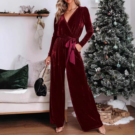 Damen Samt‑Jumpsuit mit Wickel‑V‑Ausschnitt, weitem Bein und Taillengürtel Shop Nory