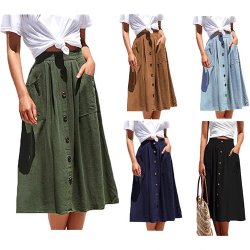 Damen Midi-Rock mit Knopfleiste und praktischen Taschen