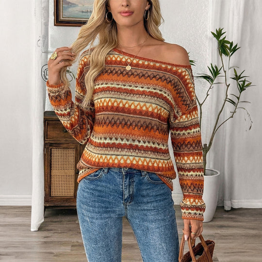 Damen nan Oversize Strickpullover mit asymmetrischem Schulterauschnitt und Norwegermuster Shop Nory