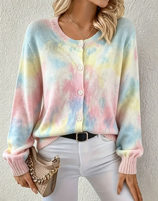 Damen Leichter Jacquard‑Strickcardigan mit Leo‑Print, Rundhalsausschnitt und Knopfleiste Shop Nory