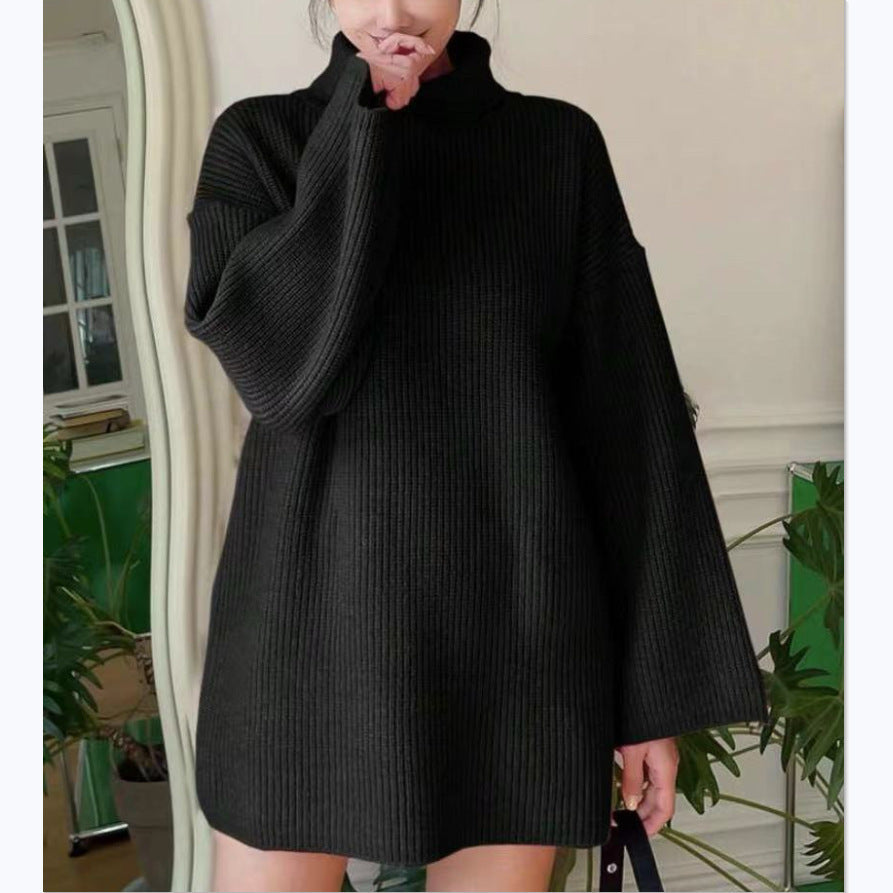 Damen Langer Strickpullover mit hohem Kragen und weit ausgestellten Ärmeln