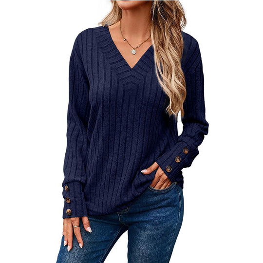 Damen Gerippter V-Ausschnitt Strickpullover mit Knopfmanschetten Shop Nory