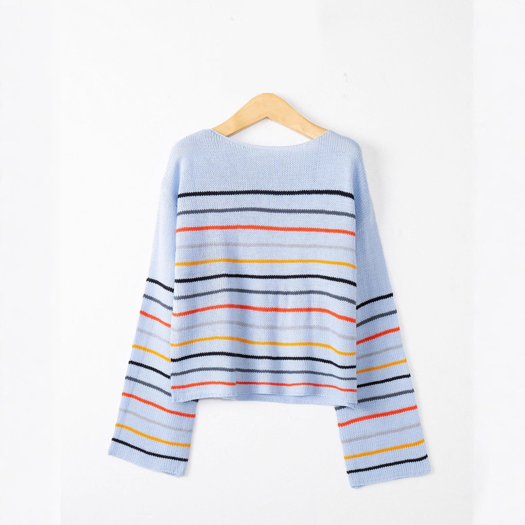 Damen Kurzgeschnittener Feinstrick-Pullover mit Rundhalsausschnitt, mehrfarbigen Horizontalstreifen und überschnittenen Schultern Shop Nory