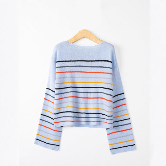 Damen Kurzgeschnittener Feinstrick-Pullover mit Rundhalsausschnitt, mehrfarbigen Horizontalstreifen und überschnittenen Schultern Shop Nory