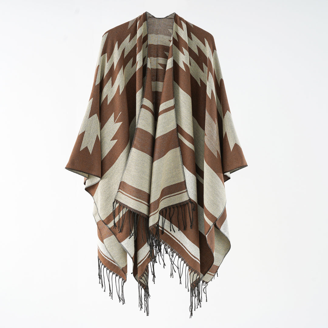 Damen Langer Reversfreier Webponcho im Umhangstil mit dezentem Zackenmuster und Fransensaum Shop Nory