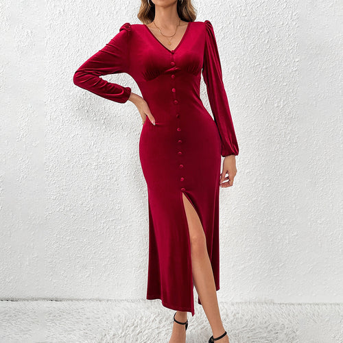 Damen Samt-Maxikleid mit taillierter Silhouette, Puffschultern und fließendem Tulpenrock Shop Nory