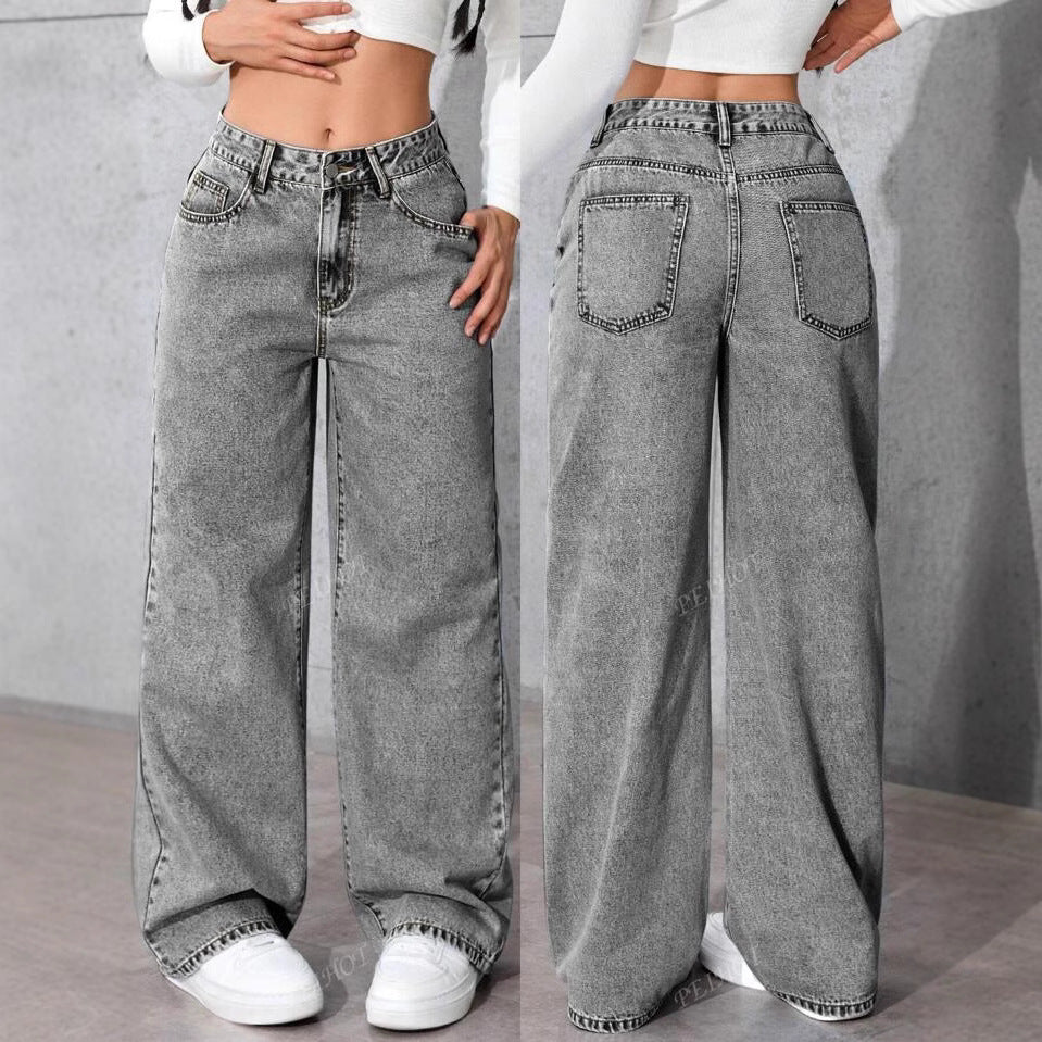 Damen Weit geschnittene Jeans mit kräftigen Kontrastnähten und verspielt gestickten Taschen