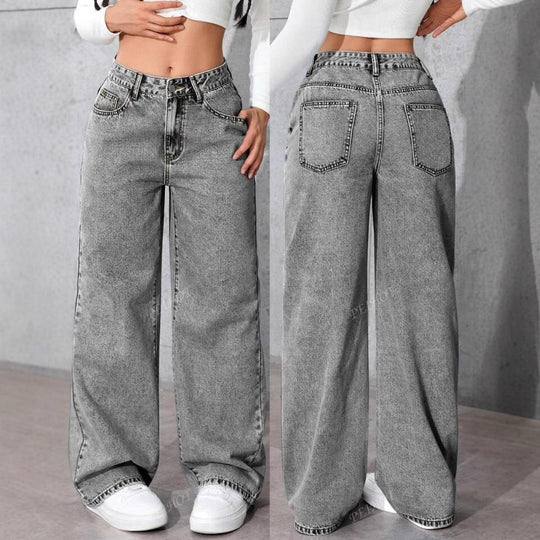 Damen Weit geschnittene Jeans mit kräftigen Kontrastnähten und verspielt gestickten Taschen