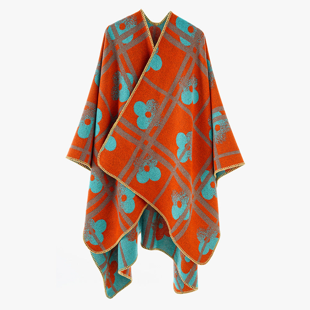 Damen Grobgewebter Deckenponcho im Ruana‑Schnitt mit floraler Karo‑Jacquard Shop Nory