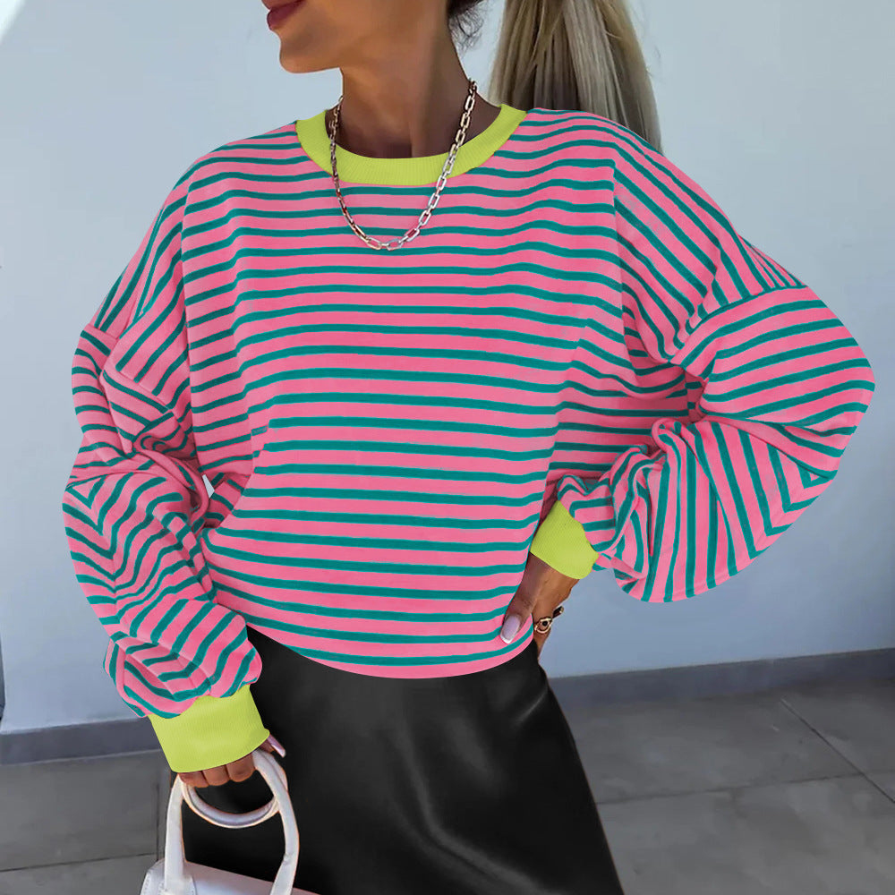 Damen lässiges gestreiftes Sweatshirt mit Boxy-Schnitt und kontrastierenden Abschlüssen Shop Nory