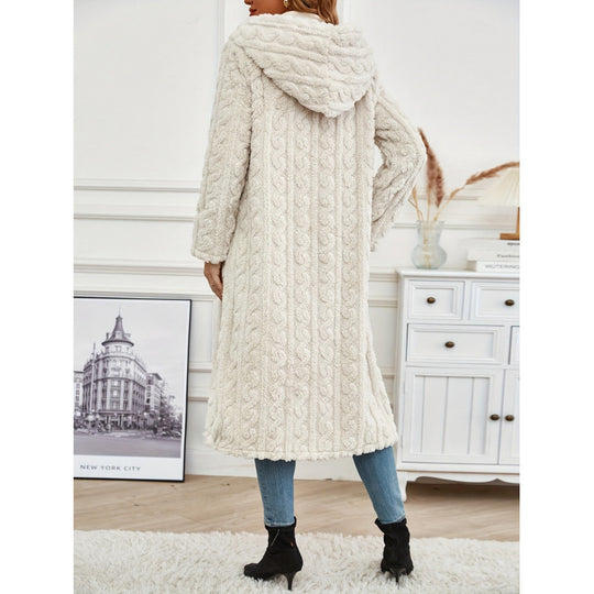 Damen Langer Kapuzen-Teddy-Mantel mit Zopfstrick-Optik Shop Nory