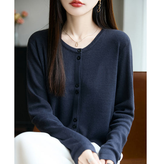Damen Leichter Feinstrick-Knopfleisten-Cardigan mit Rundhalsausschnitt Shop Nory