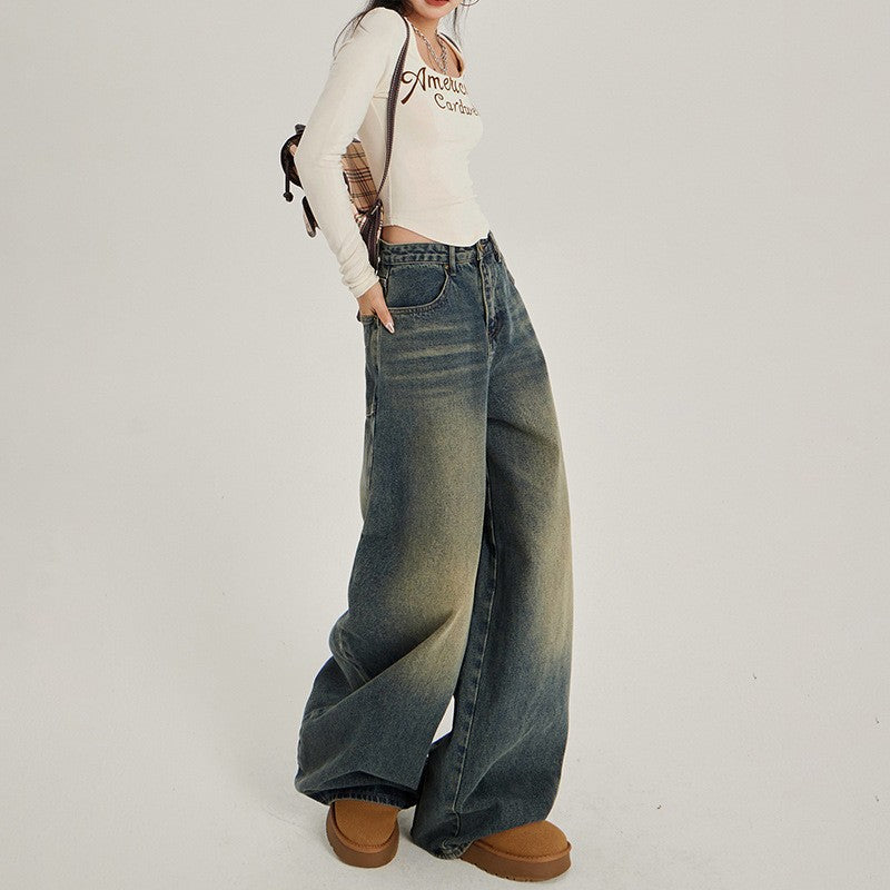 Damen Weite High-Waist Denim-Jeans im lässigen Stil