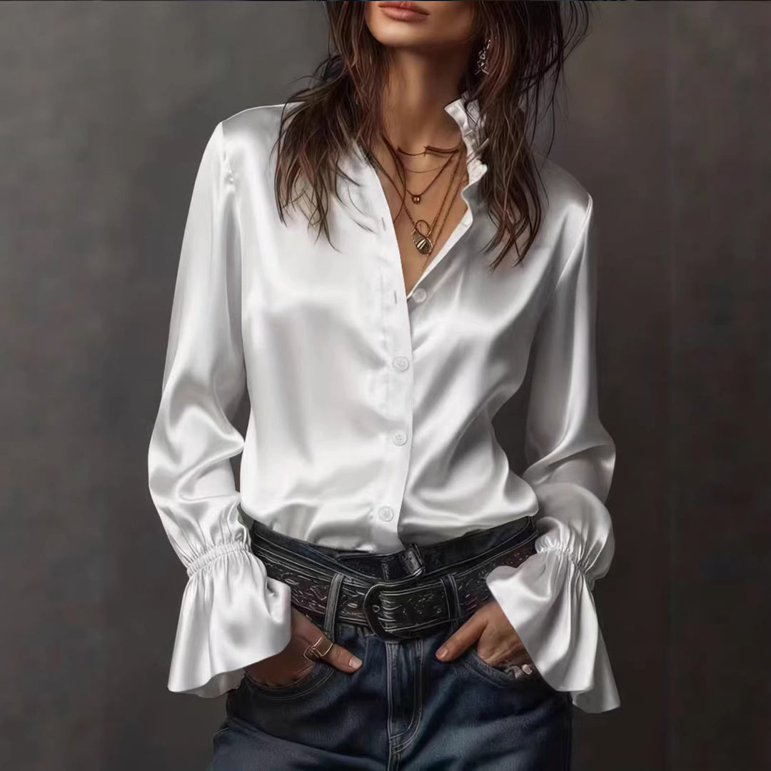 Damen Seidenglänzende Satinbluse mit Stehkragen, Knopfleiste und Volantärmel Shop Nory