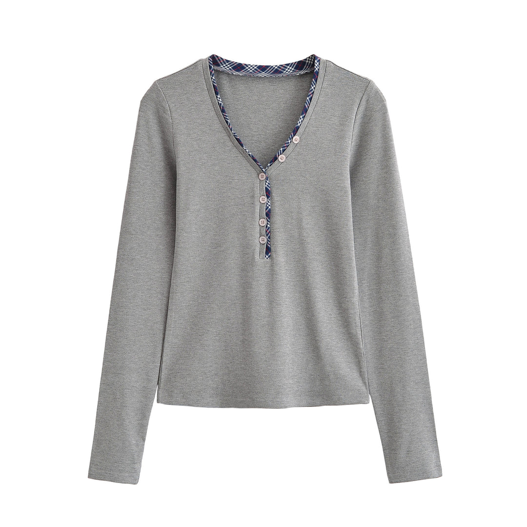 Damen Langarmshirt mit V-Ausschnitt, Knopfleiste und Karobesatz Shop Nory