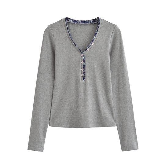 Damen Langarmshirt mit V-Ausschnitt, Knopfleiste und Karobesatz Shop Nory
