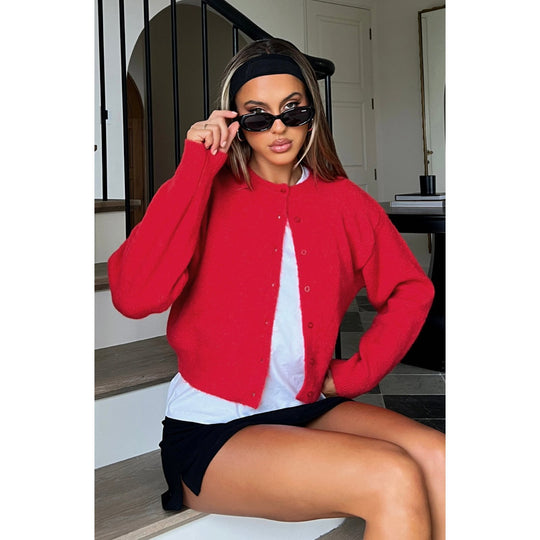 Damen Kurzgeschnittene Strickjacke mit verdeckter Knopfleiste und Ballonärmeln Shop Nory