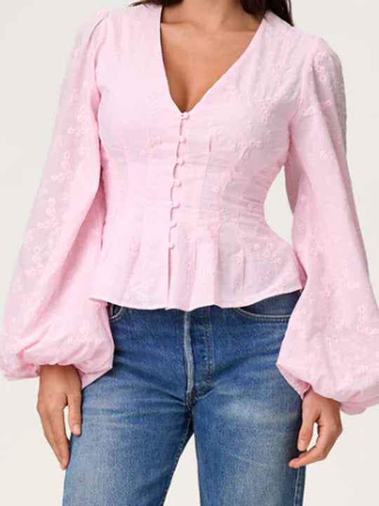 Damen Jacquard-Spitzenbluse mit tailliertem Schößchen und Ballonärmeln Shop Nory