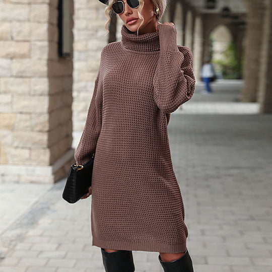 Damen Strickkleid mit Rollkragen und Waffelstruktur, tailliertes Minikleid mit Statement-Gürtel Shop Nory
