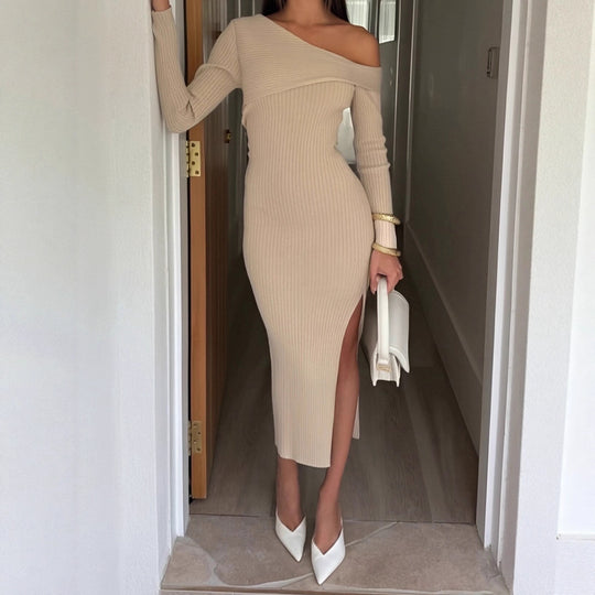 Damen nan eng anliegendes One-Shoulder-Rippenkleid mit asymmetrischem Ausschnitt und figurbetonter Midi-Silhouette Shop Nory