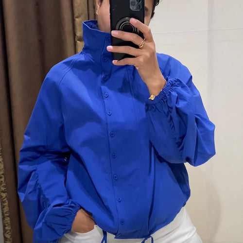 Damen Leichte Windjacke mit Stehkragen, Druckknopfleiste und Tunnelzug Shop Nory