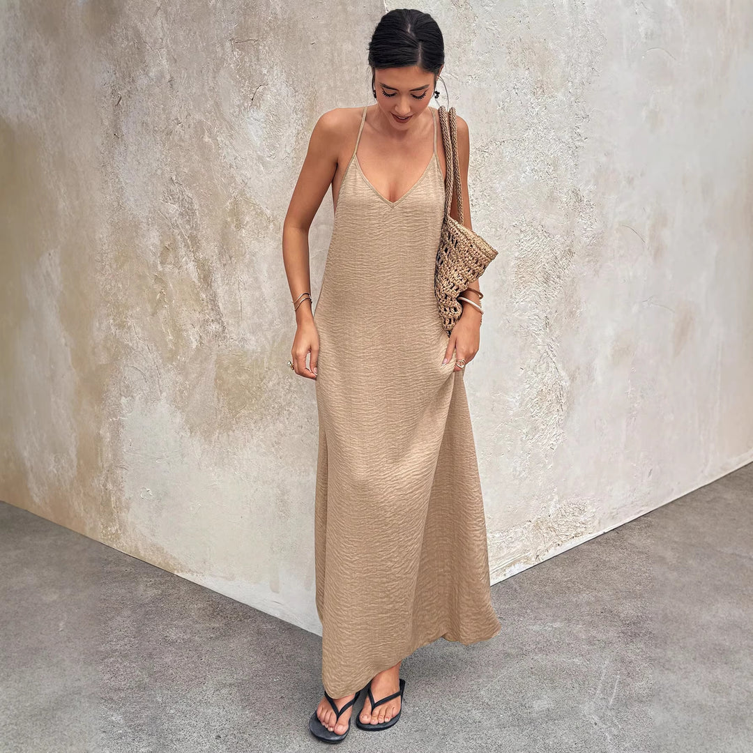 Damen Fließendes Maxikleid mit Spaghettiträgern, V-Ausschnitt und sommerlicher Leinenoptik Shop Nory