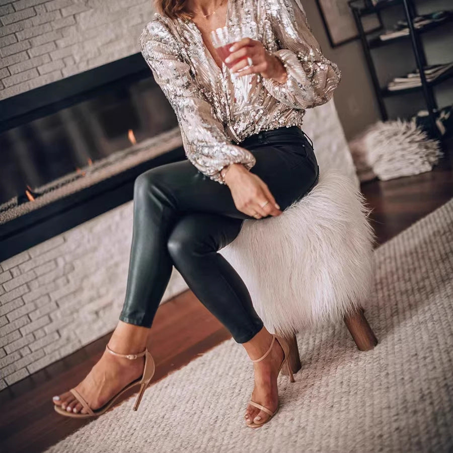 Damen Paillettenbluse mit V‑Ausschnitt und Ballonärmeln Shop Nory