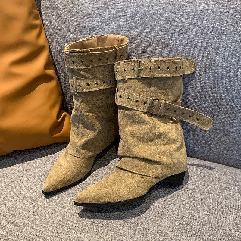 Damen Wadenhohe Wildleder-Slouch-Stiefel mit spitzer Zehenpartie und Zierschnallen Shop Nory