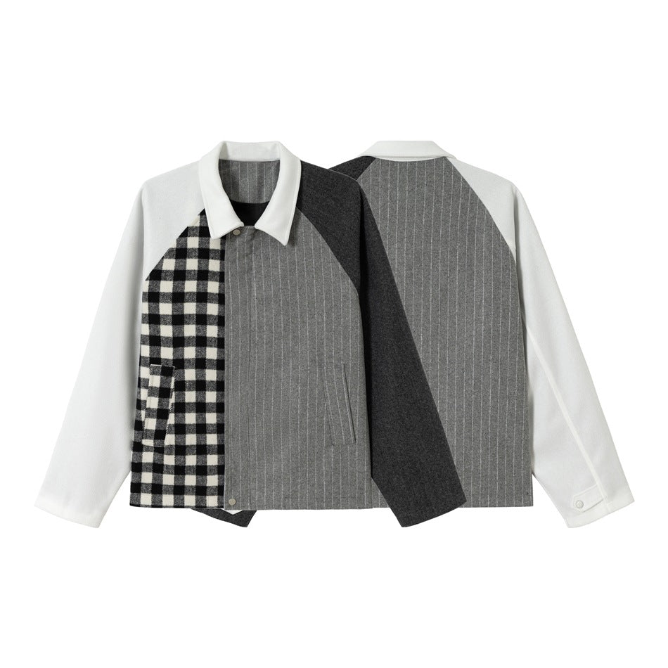 Unisex Kastig geschnittene Patchwork-Blousonjacke aus Wollmix mit Hemdkragen Shop Nory