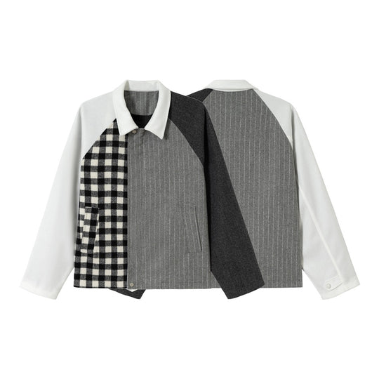 Unisex Kastig geschnittene Patchwork-Blousonjacke aus Wollmix mit Hemdkragen Shop Nory