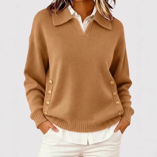 Damen Modischer Strickpullover mit Kragen und Knopfdetails