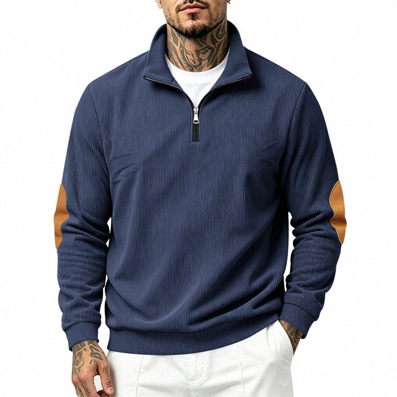 Herren Leichter Struktur-Halbzip-Pullover mit Cord‑Ellbogenpatches und Stehkragen Shop Nory