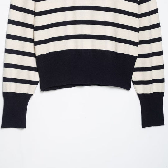 Damen Cropped Boxy Strickpullover mit halbem Reißverschluss, Stehkragen und breiten Streifen Shop Nory