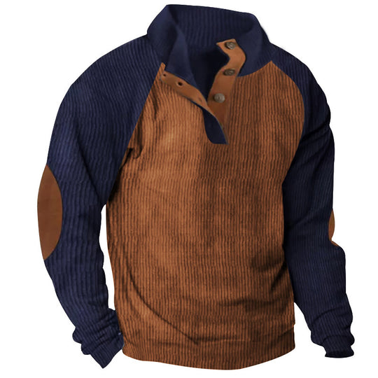 Herren Strukturiertes Raglan-Henley-Pullover mit Stehkragen, Ellenbogenpatches & Knopfleiste Shop Nory