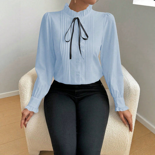 Damen Rüschenbluse mit Stehkragen, Längsfalten und Schleifenband Shop Nory