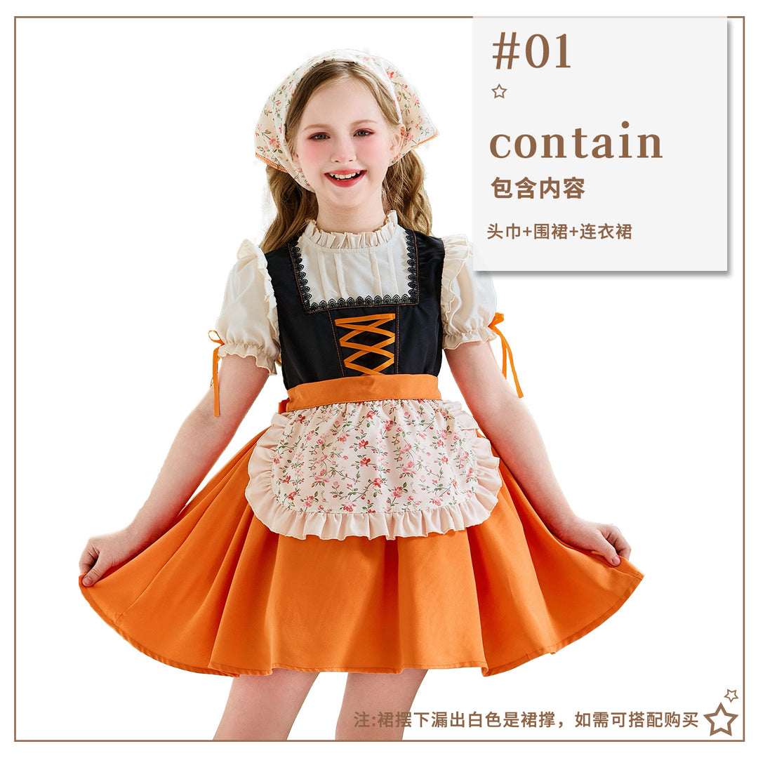 Damen nan traditionelles Kinderdirndl mit Schnürung, Rüschenschürze und Kopftuch Shop Nory