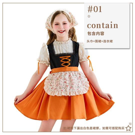 Damen nan traditionelles Kinderdirndl mit Schnürung, Rüschenschürze und Kopftuch Shop Nory