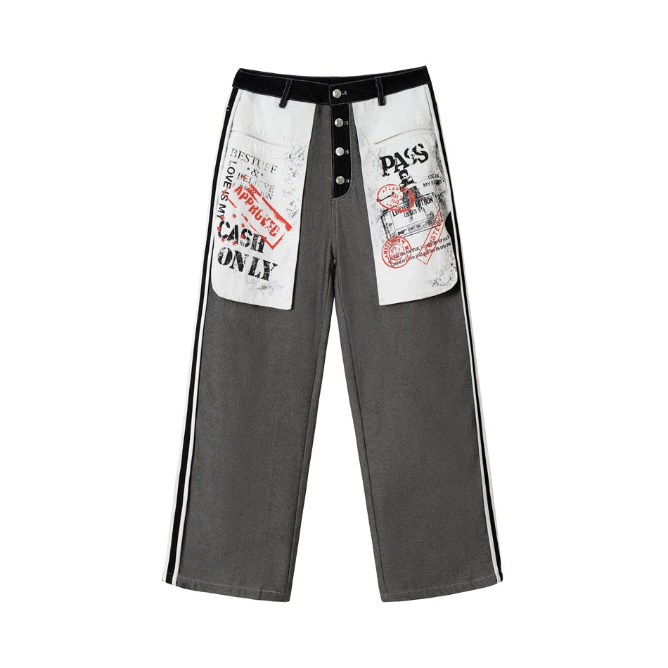 Damen Wide-Leg Cargo-Jeans mit aufgesetzten Grafik-Patches und Kontraststreifen Shop Nory