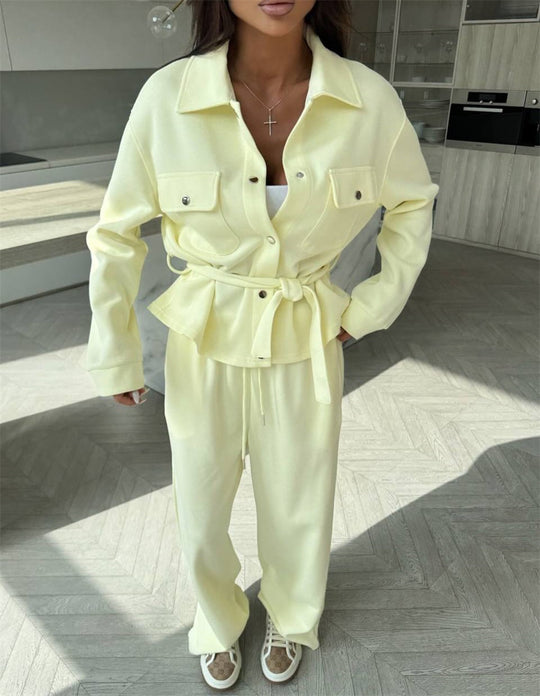 Damen Zweiteiliges Loungewear-Set mit tailliertem Blouson, Bindegürtel und weiter Palazzo-Hose Shop Nory