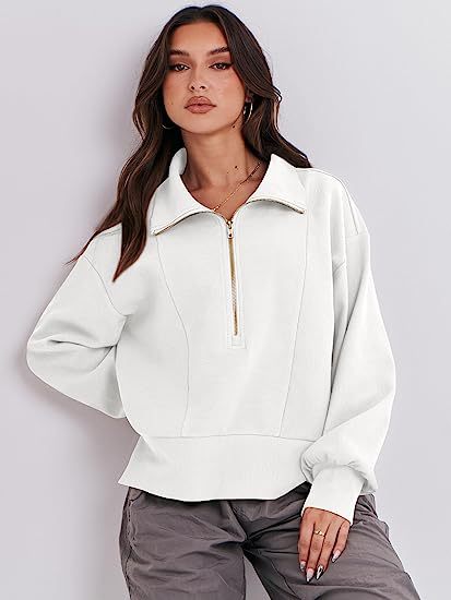 Damen Halb-Zip Kragen Entspannt Sweatshirt Pullover mit Rippbund und -manschetten Shop Nory