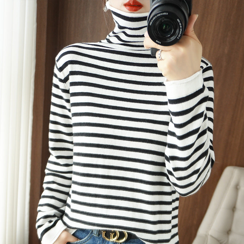 Damen Maritimer Feinstrick-Turtleneck mit feinem Streifenmuster und schlanker Passform Shop Nory
